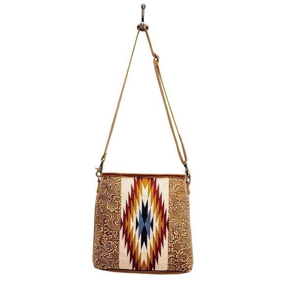 Myra Bag Handmade Luzy Shoulder Bag Upcycled Canvas & Cowhide Leather - Picture 5 of 8